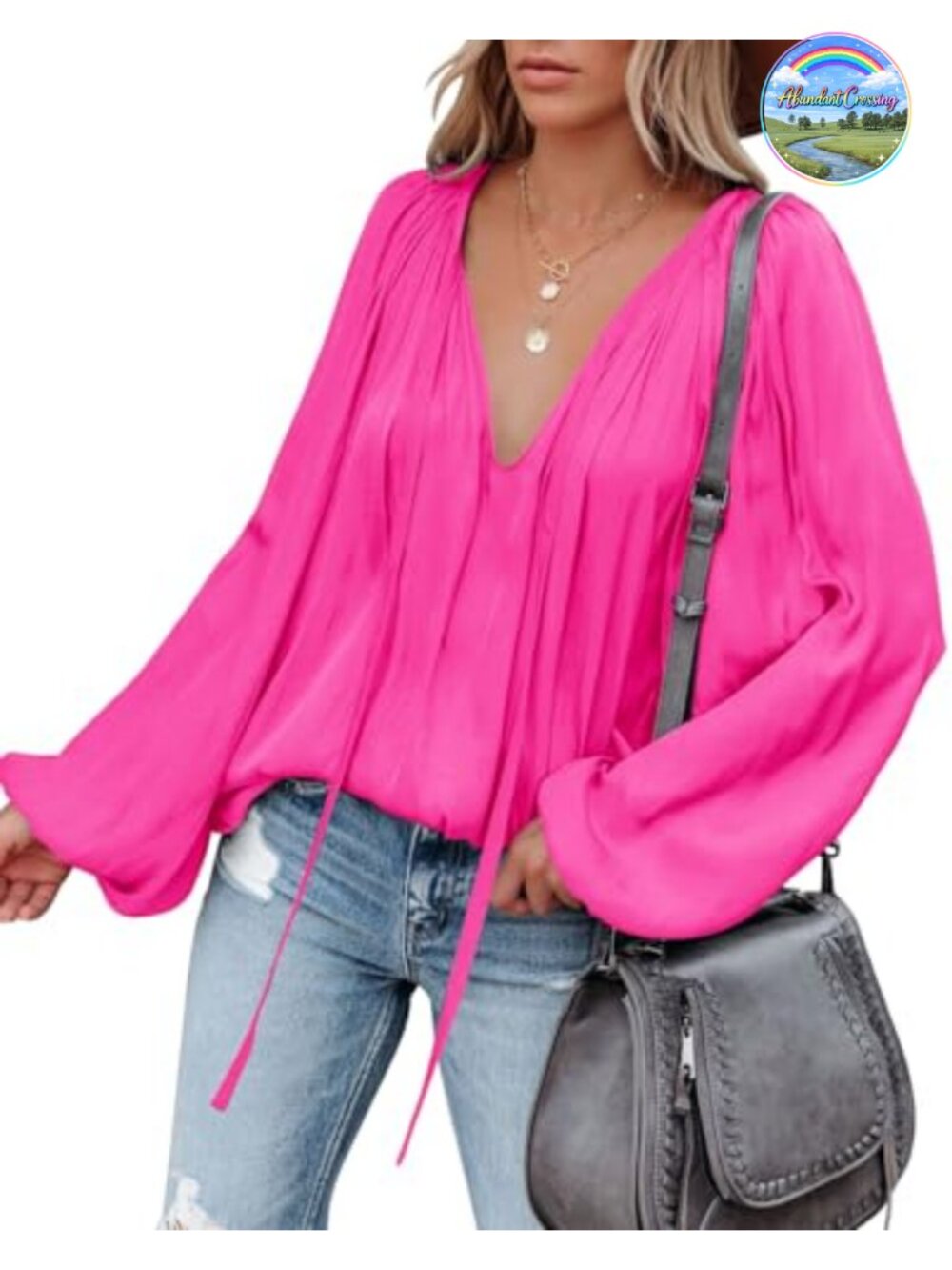 Womens Satin Blouse Deep V Neck Bell Long Sleeve Flowy Top